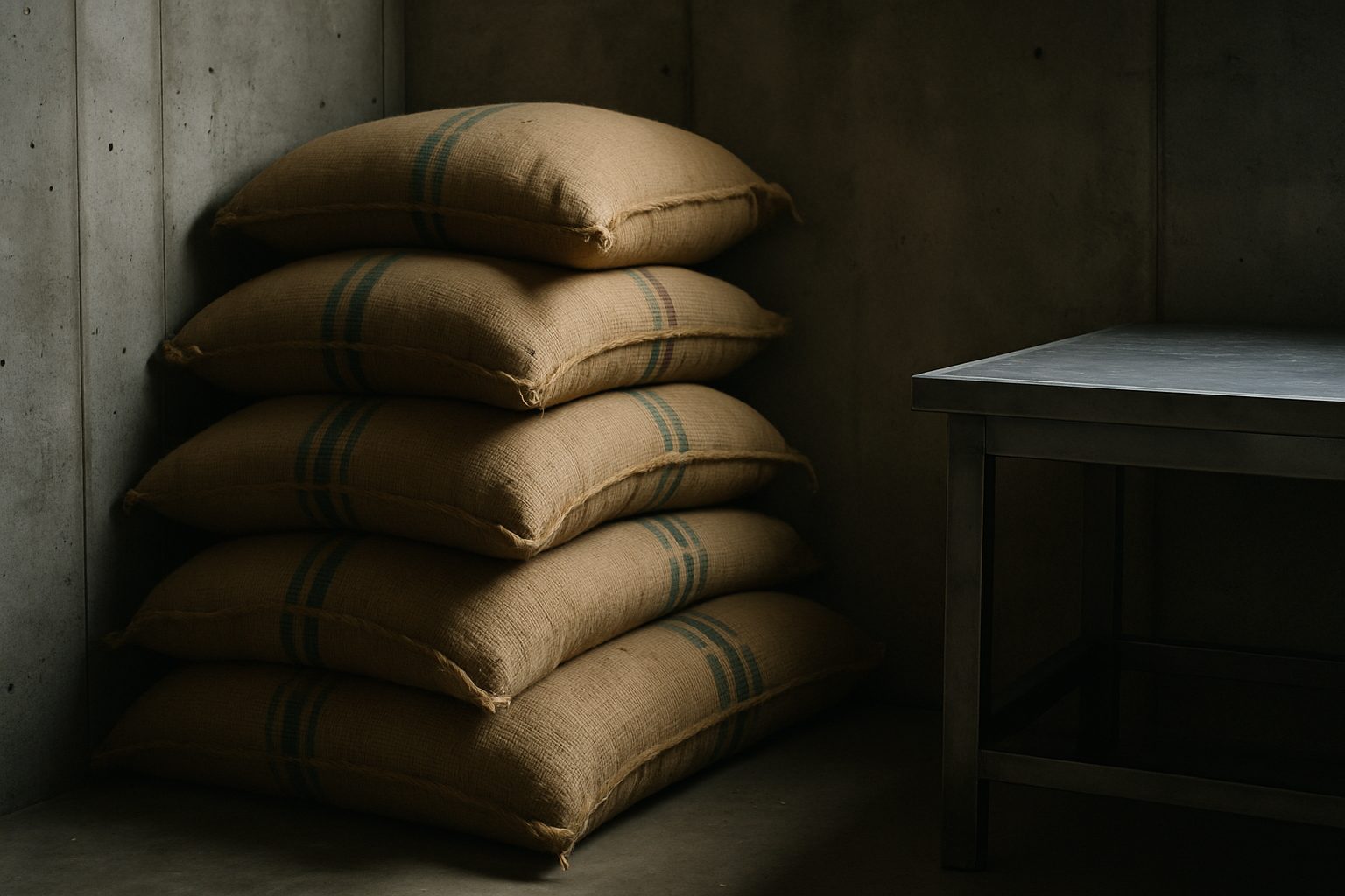 Burlap sacks against the concrete wall